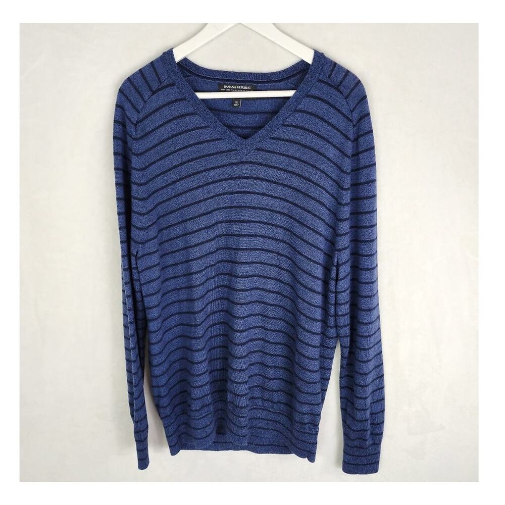 Banana Republic Zegna Baruffa Merino Wool Sweater XL V-neck Blue Black Stripe